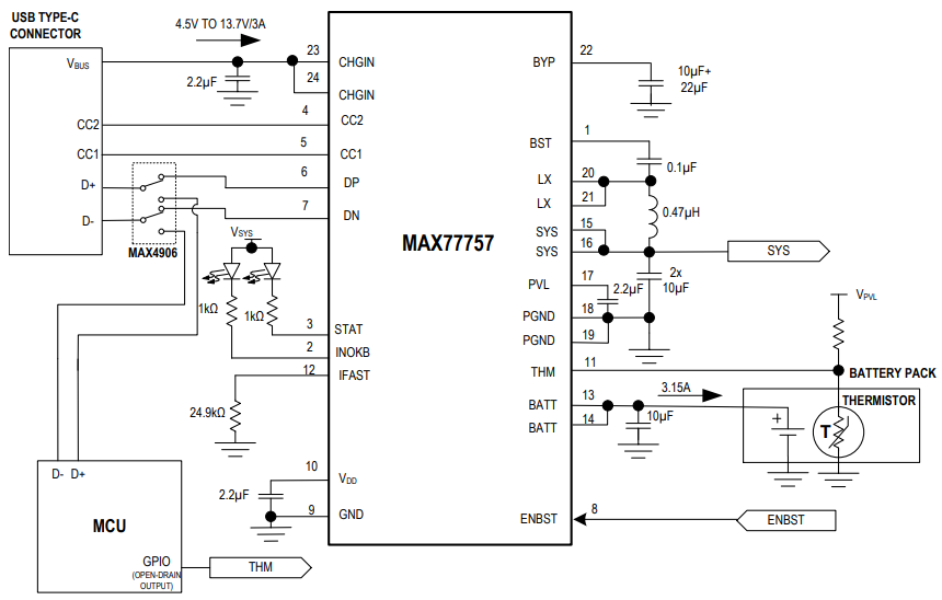 アプリケーション回路図 - Analog Devices / Maxim Integrated MAX77757 USB Type-C®自律充電器